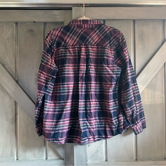 Ariat Women Relaxed Plaid Flannel Pink Navy Button Down Size L - Picture 2 of 4